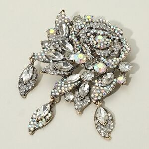 Silver Rose Rhinestone Crystal 4.25 Inch Statement Bling Flower Brooch Pin